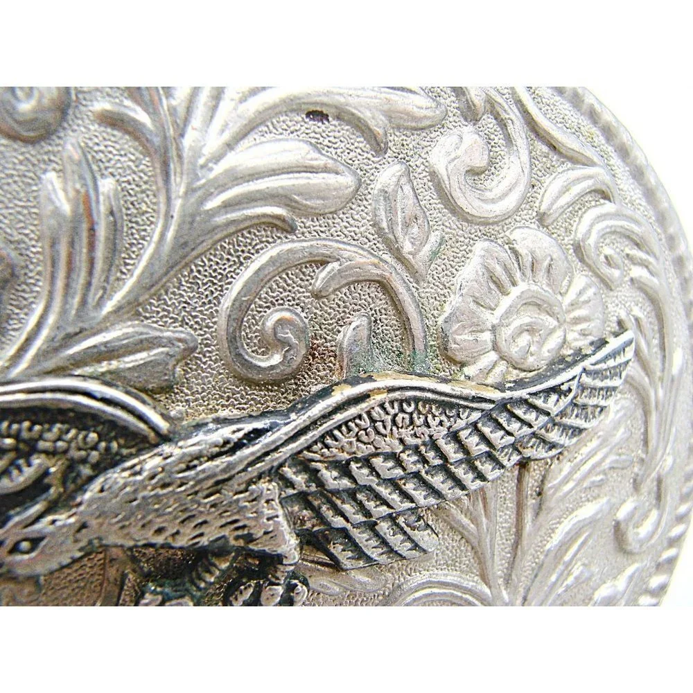Vintage American Flying Eagle Silver Embossed Floral Scroll Belt Buckle 3x2